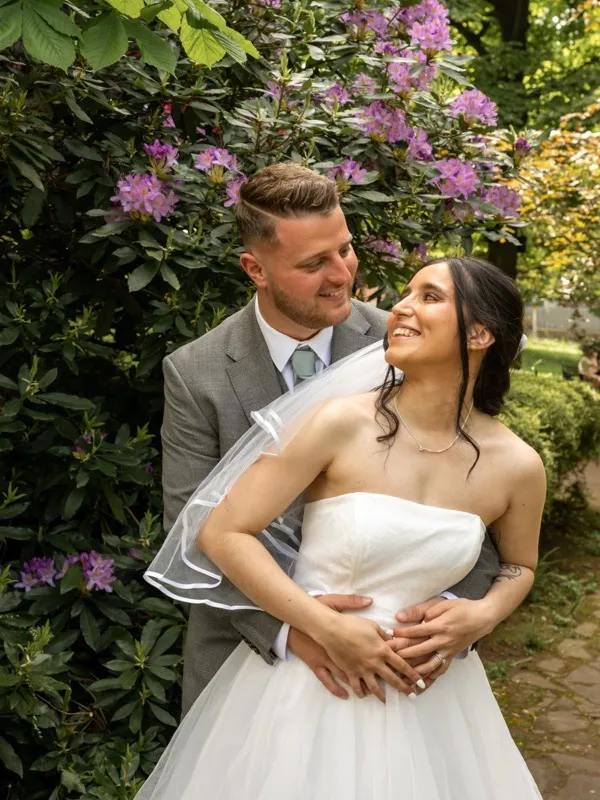 Couple holding each other during their wedding celebration